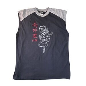 No Surrender Mens Dragon Kanji Sleeveless Graphic Tee Black Gray Y2K Large